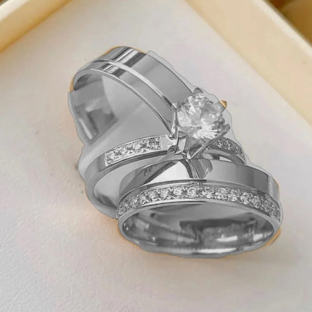 Combo Aliancas De Namoro Compromisso Mega Anel Solitario Cravejado 2 Anos De Garantia