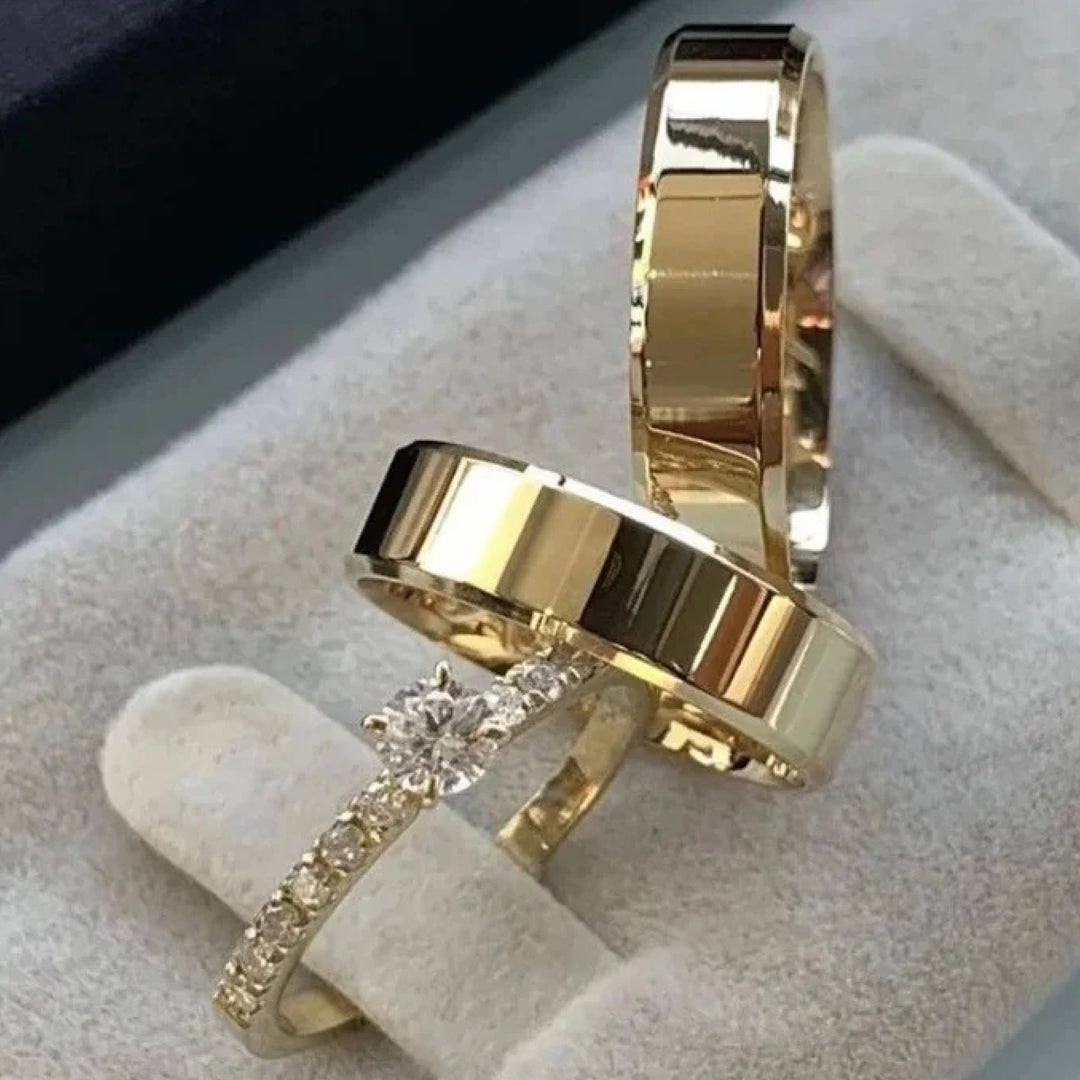 Combo Alianca Banhada Ouro 24K Anatomica 6Mm 10 Anos De Garantia Croacia Chanfrada Solitario Cravejado