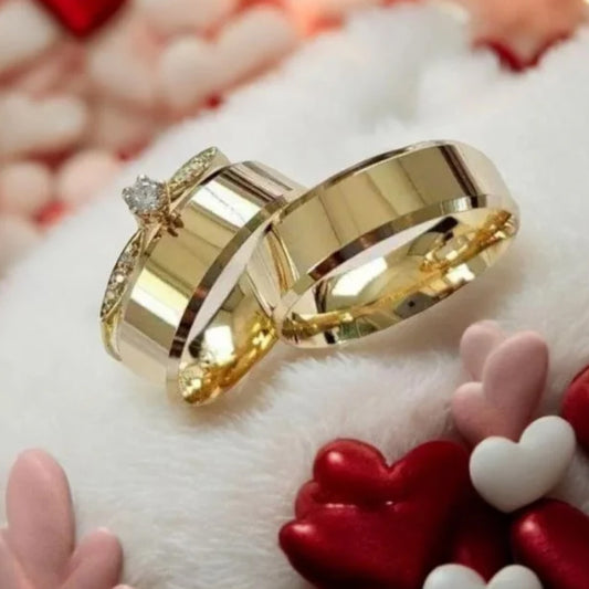 Combo Alianca Casamento Ouro 10K 6Mm 10 Gramas Par M2 Solitario Cravejado