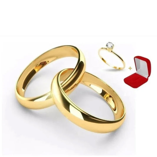 Combo Alianca Tungstenio Banhada Ouro 18K Liso Tradicional 4Mm Anel Solitario Liso 2 Anos De Garantia