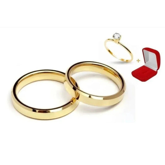 Combo Alianca Tungstenio Banhada Ouro 18K Chanfrada 4Mm Solitario Liso 2 Anos De Garantia