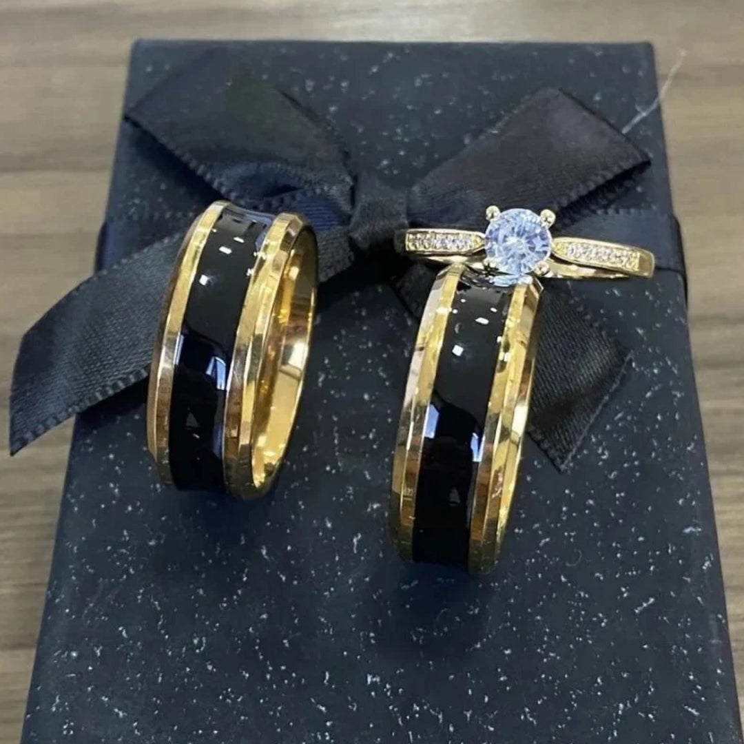 Combo Alianca Tungstenio E Friso Preto 6Mm Solitario Cravejado Banhada A Ouro 2 Anos De Garantia