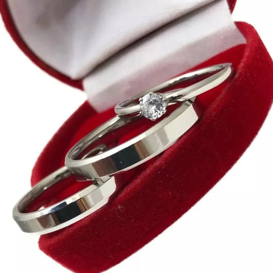 Combo Aliancas De Namoro Compromisso Chanfrada 4Mm Anel Solitario Liso 2 Anos De Garantia