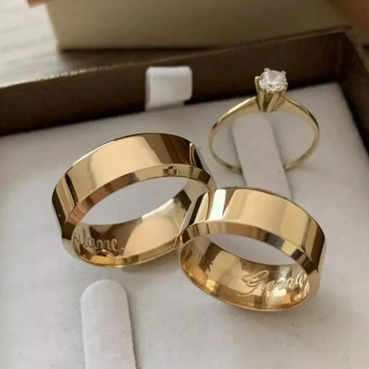 Combo Alianca Chanfrada 6Mm Solitario Liso Revestidas A Ouro 18K