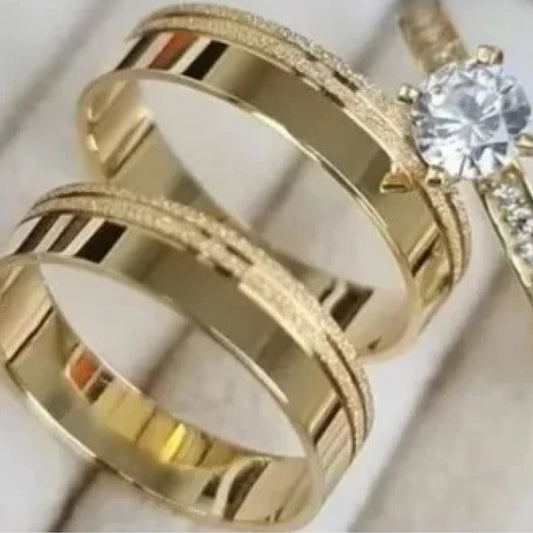 Combo Alianca Luxo Mas Anel Solitario Cravejado Revestidas A Ouro 18K De 6Mm