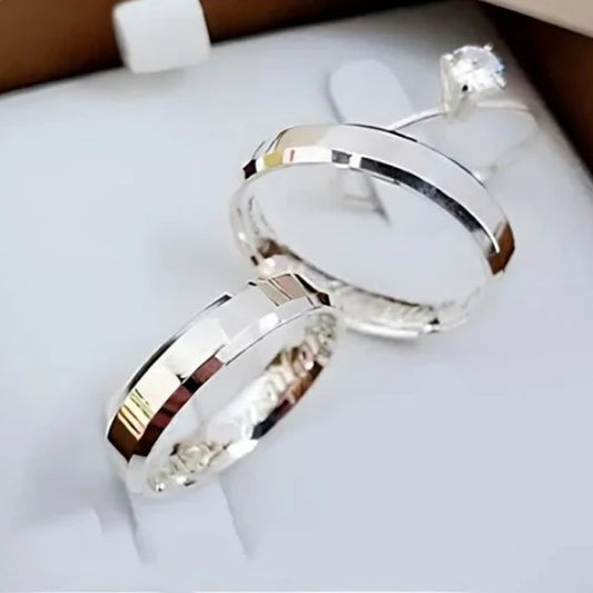 Combo Alianca Prata R59 Chanfrada Anel Solitario Liso 2 Anos De Garantia