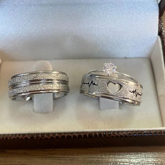 Combo Alianca De Compromisso Diamantada Com Batimento Cardiaco Coracao 8Mm Solitario Liso 2 Anos De Garantia