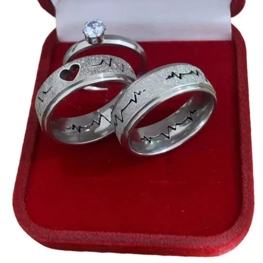 Combo Aliancas De Namoro Compromisso Coracao E Batimento Cardiaco 6Mm Anel Solitario Liso 2 Anos De Garantia