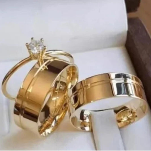 Combo Alianca Canelada Solitario Liso Revestidas A Ouro 18K De 6Mm