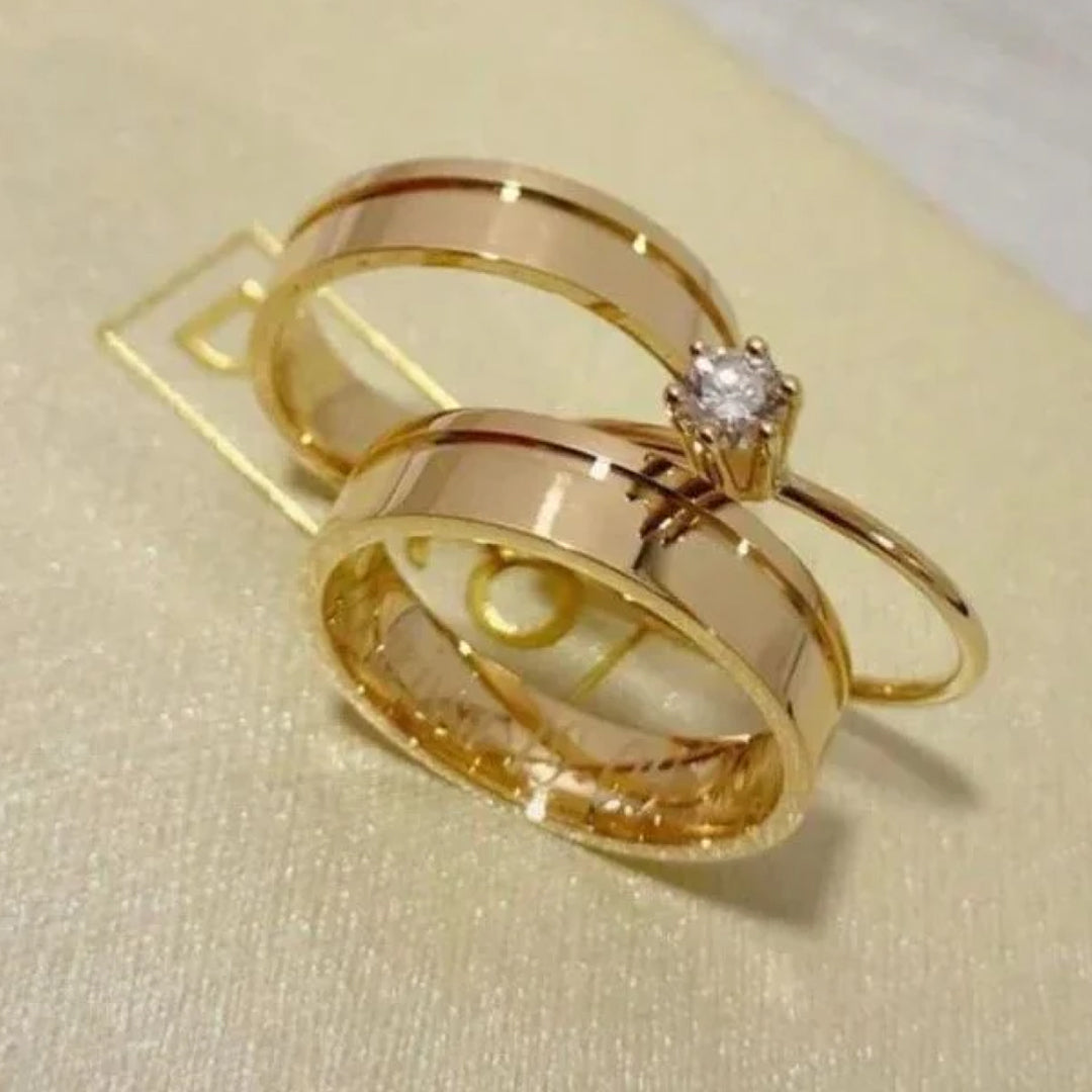 Combo Alianca Banhada Ouro 24K Anatomica 10 Anos De Garantia Modelo Canelada Solitario Liso