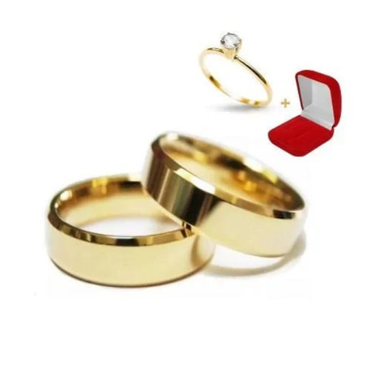 Combo Alianca Tungstenio Banhada Ouro 18K Chanfrada 6Mm Solitario Liso 2 Anos De Garantia