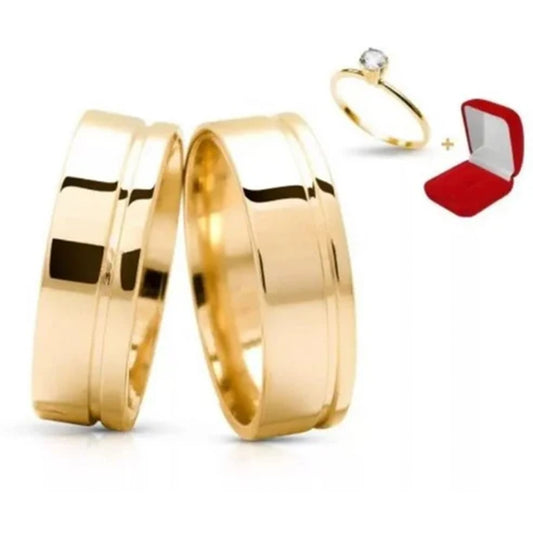 Combo Alianca Canelada Anel Solitario Caixinha 2 Anos De Garantia