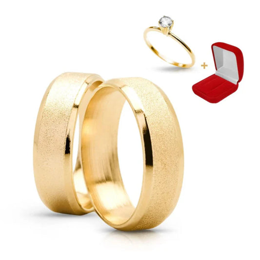 Combo Alianca Chanfrada Diamantada Anel Solitario 2 Anos De Garantia