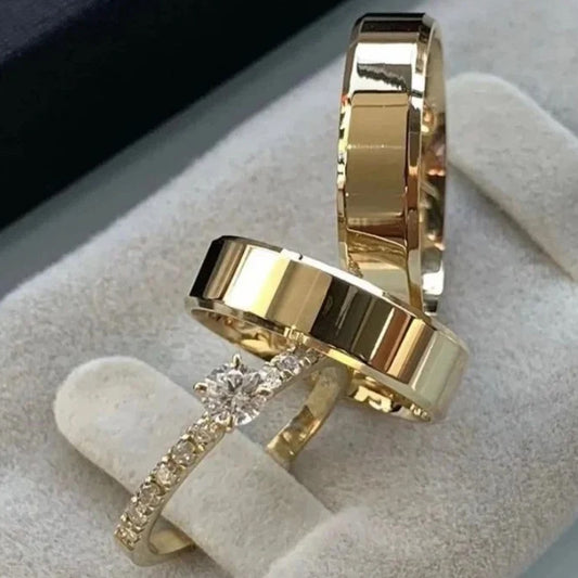 Combo Alianca Banhada Ouro 24K Anatomica 6Mm 10 Anos De Garantia Croacia Chanfrada Solitario Cravejado