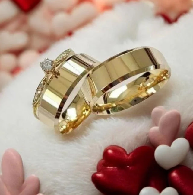 Combo Alianca Casamento Ouro 10K 6Mm 10 Gramas Par M2 Solitario Cravejado