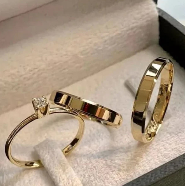 Combo Alianca Casamento Ouro 10K 4Mm 6 Gramas O Par M1 Solitario Liso