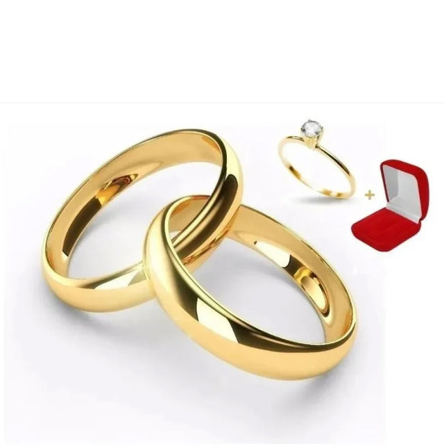 Combo Alianca Tungstenio Banhada Ouro 18K Liso Tradicional 4Mm Anel Solitario Liso 2 Anos De Garantia