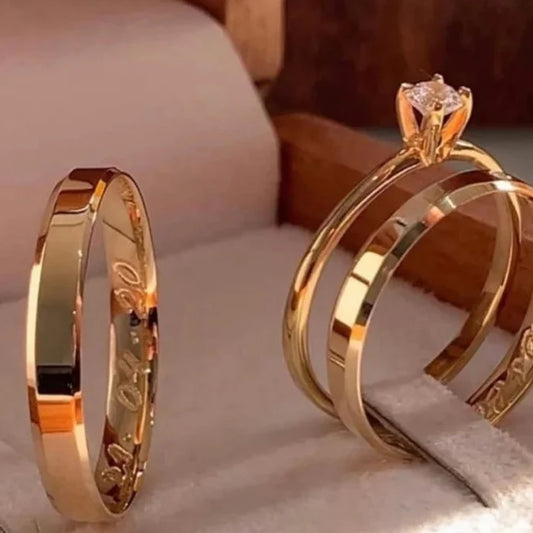 Combo Alianca Banhada Ouro 24K Anatomica 10 Anos De Garantia Hungria Chanfrada 4Mm Solitario liso