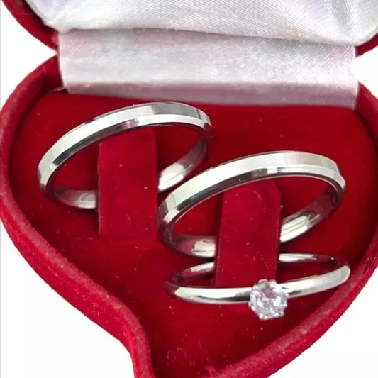 Combo Aliancas De Namoro Compromisso Chanfrada 4Mm Anel Solitario Liso 2 Anos De Garantia 1