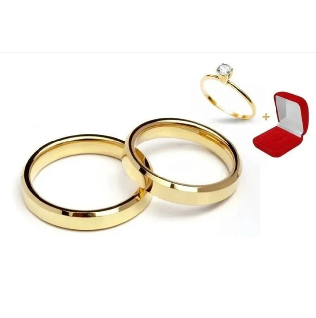 Combo Alianca Tungstenio Banhada Ouro 18K Chanfrada 4Mm Solitario Liso 2 Anos De Garantia