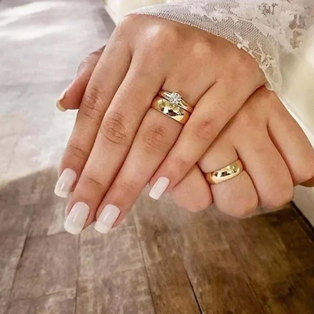 Combo Alianca Casamento Ouro 10K 6Mm 10 Gramas Par M4 Solitario Liso