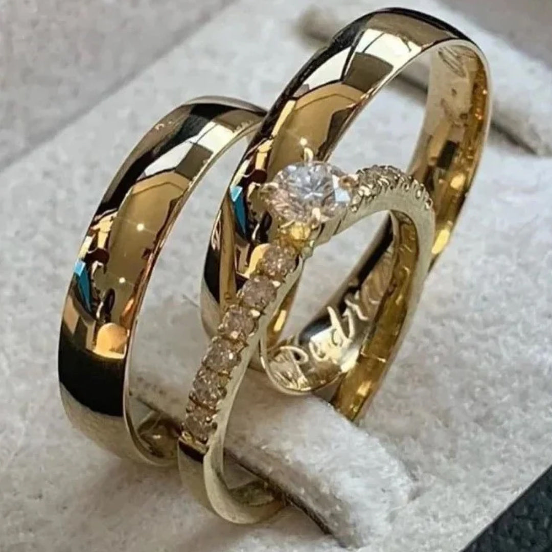 Combo Alianca Banhada Ouro 24K Anatomica 10 Anos De Garantia Hortensias Solitario Cravejado