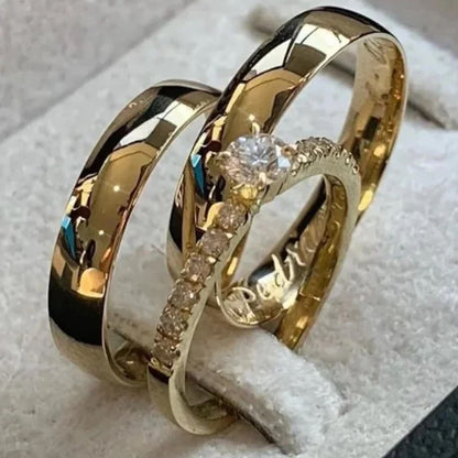 Combo Alianca Banhada Ouro 24K Anatomica 10 Anos De Garantia Hortensias Solitario Cravejado