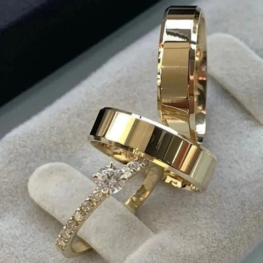 Combo Alianca Chanfrada 6Mm Moeda Antiga Forro Mod 064 Solitario Cravejado 2 Anos De Garantia