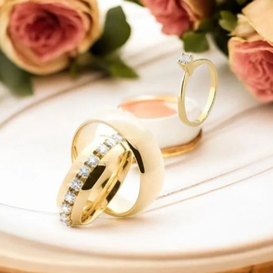 Combo Alianca Moeda Antiga 8Mm Forro Liso Envolto Solitario 5 Anos De Garantia