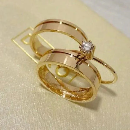 Combo Alianca Banhada Ouro 24K Anatomica 10 Anos De Garantia Modelo Canelada Solitario Liso