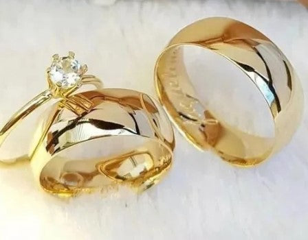 Combo Aliança Tradicional 6mm + Solitário Liso Revestidas a Ouro 18K