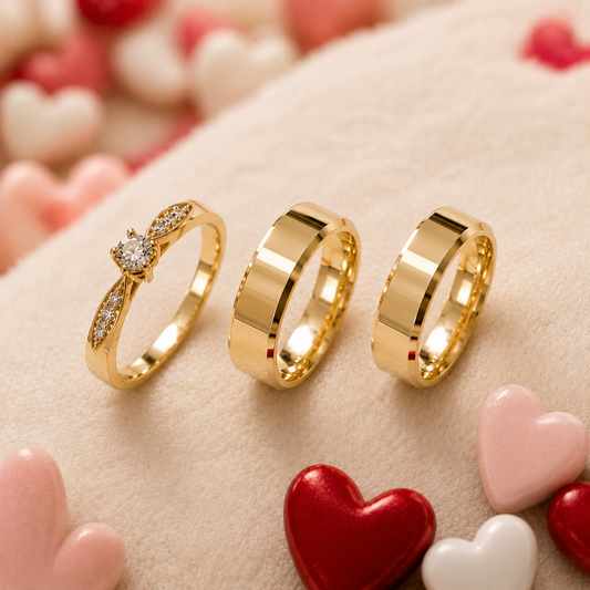 Combo Alianca Casamento Ouro 10K 8Mm 15 Gramas Par M45 Solitario Cravejado